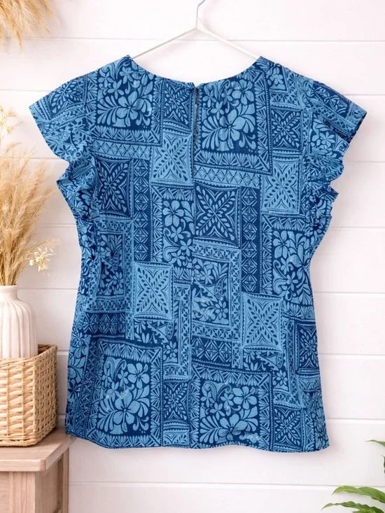 LOFT Teal Geometric Floral Patchwork Blouse Ruffle Sleeve Lightweight Top New - Picture 5 of 5